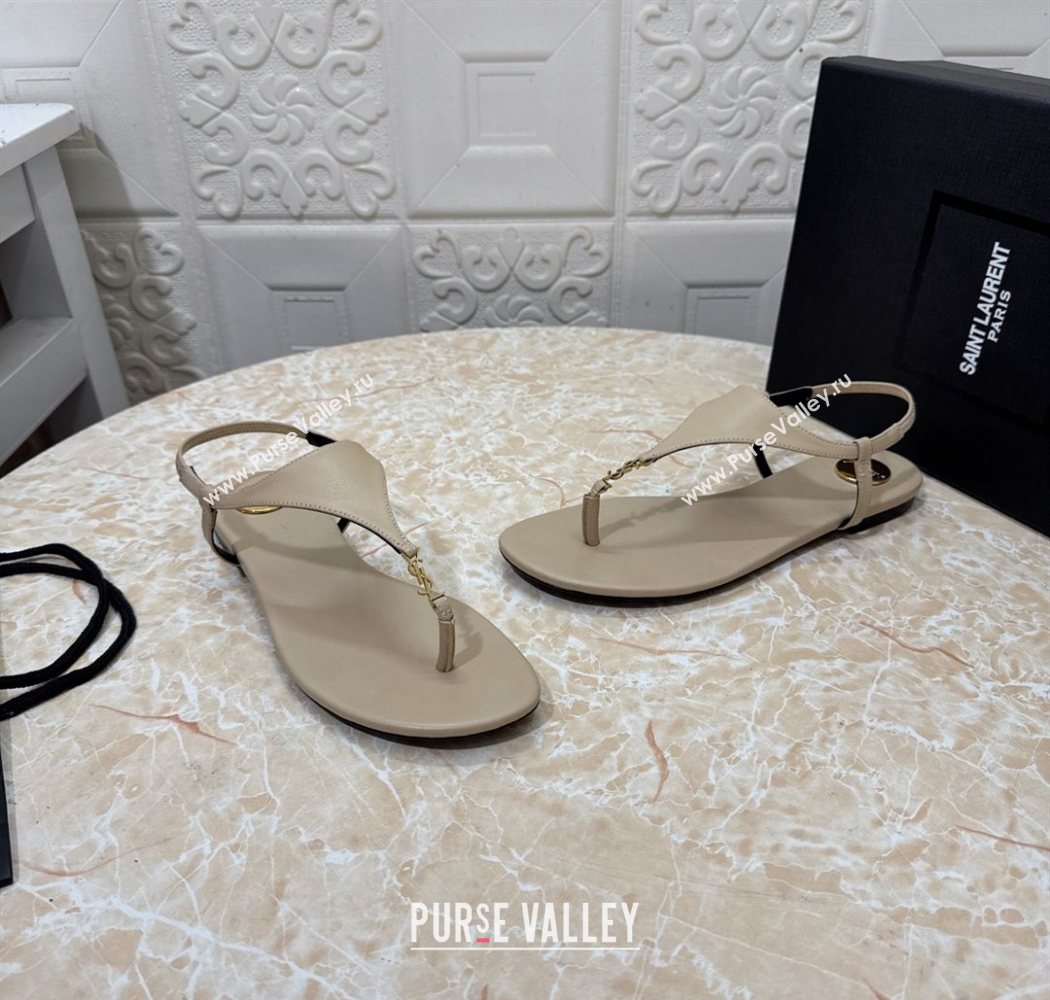 Saint Laurent Cassandra Flat Thong Sandals in Calfskin Beige 2025 841570 (MD-250825129)