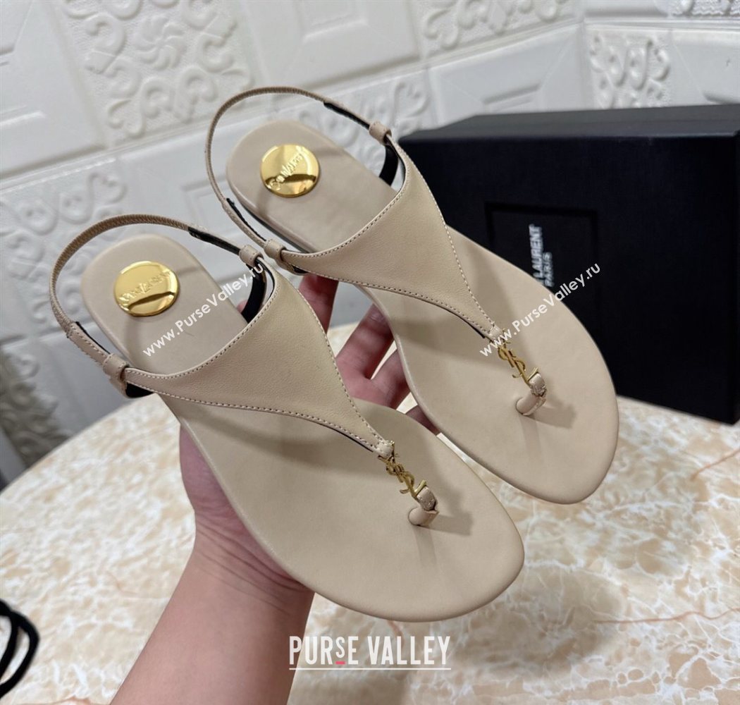 Saint Laurent Cassandra Flat Thong Sandals in Calfskin Beige 2025 841570 (MD-250825129)