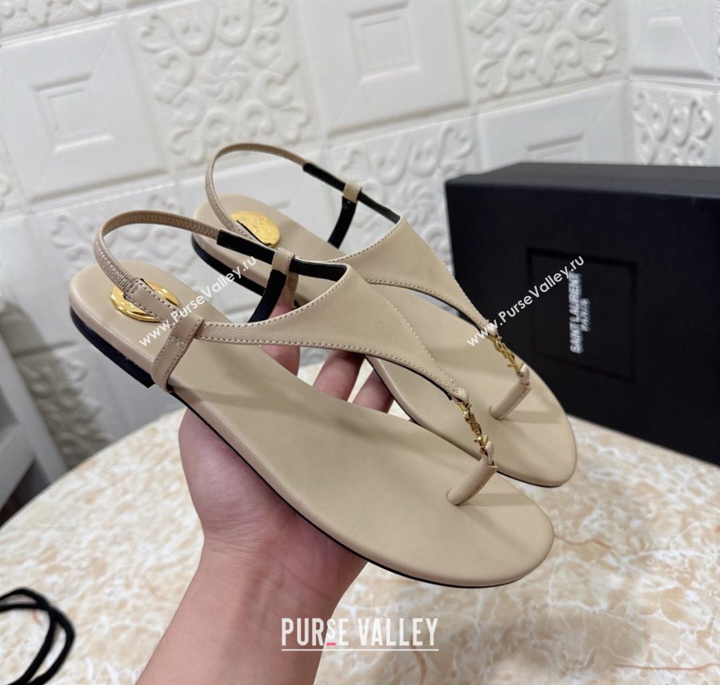 Saint Laurent Cassandra Flat Thong Sandals in Calfskin Beige 2025 841570 (MD-250825129)