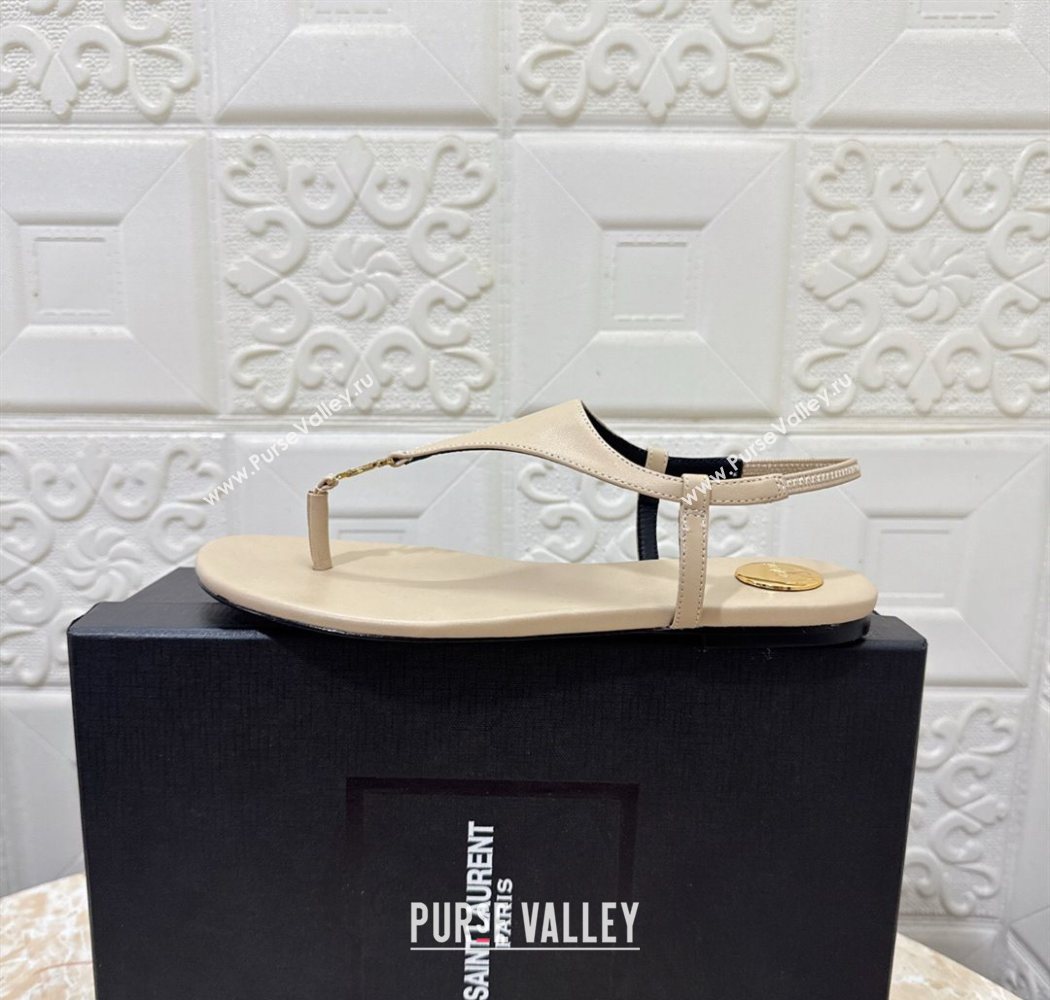 Saint Laurent Cassandra Flat Thong Sandals in Calfskin Beige 2025 841570 (MD-250825129)