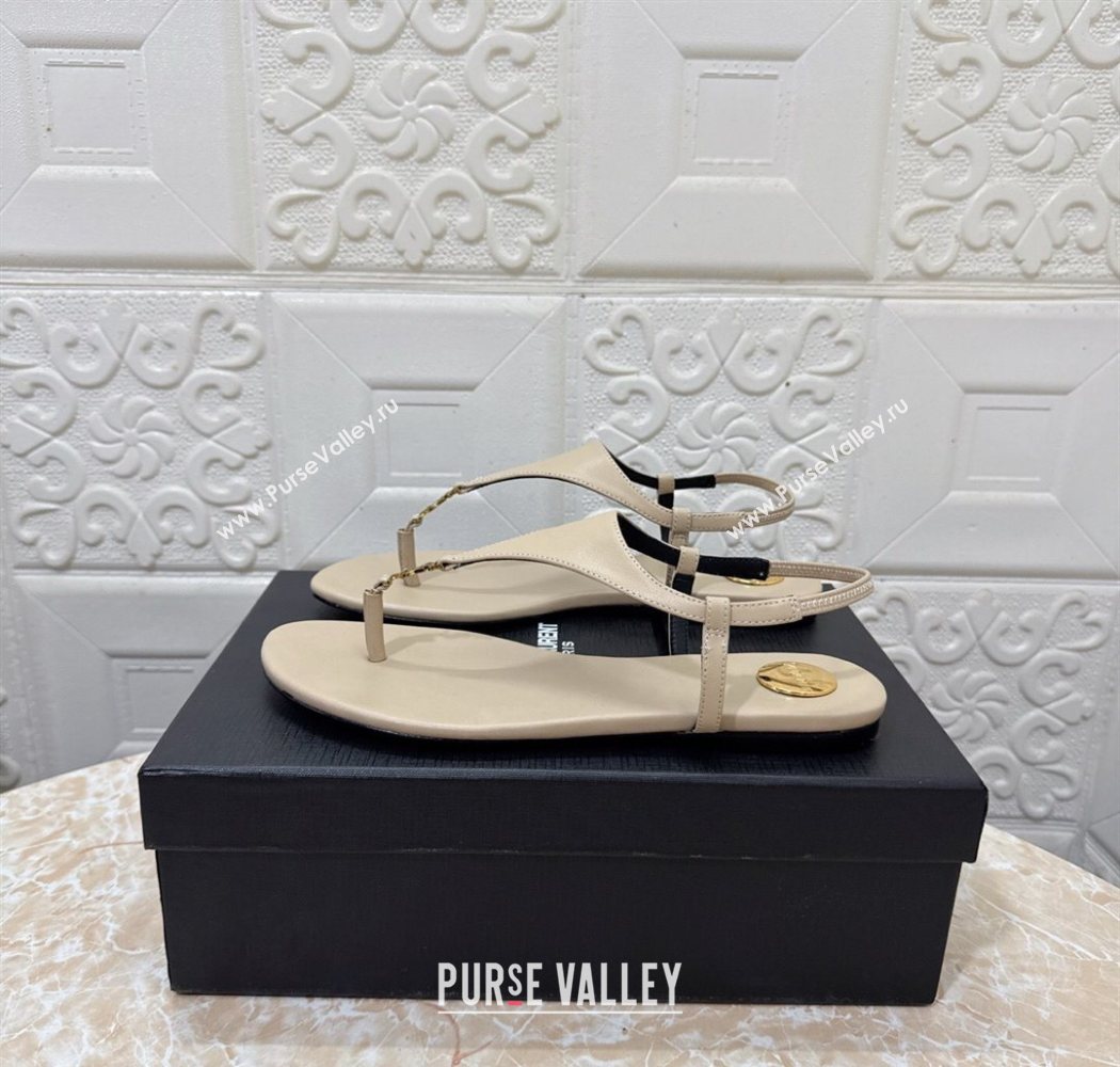 Saint Laurent Cassandra Flat Thong Sandals in Calfskin Beige 2025 841570 (MD-250825129)