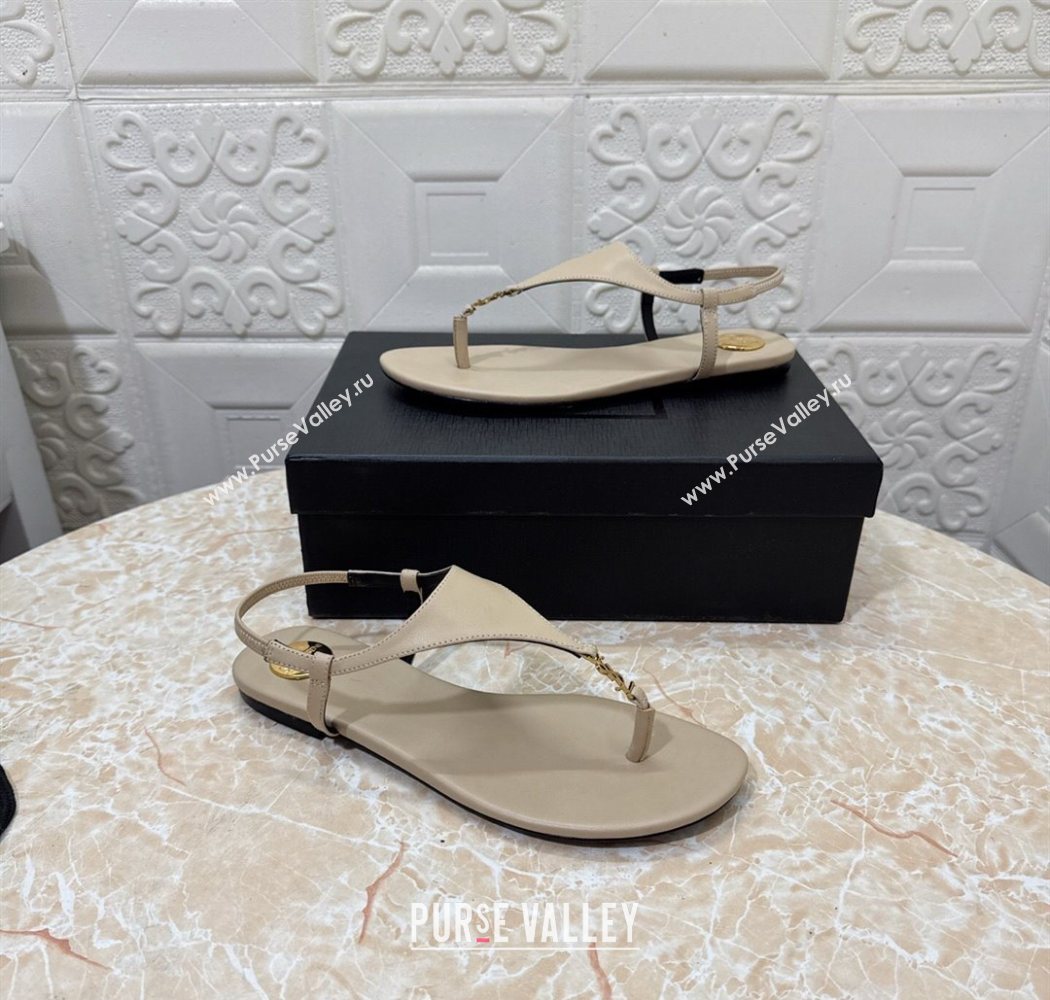 Saint Laurent Cassandra Flat Thong Sandals in Calfskin Beige 2025 841570 (MD-250825129)