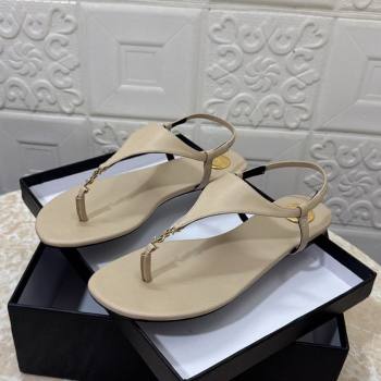 Saint Laurent Cassandra Flat Thong Sandals in Calfskin Beige 2025 841570 (MD-250825129)