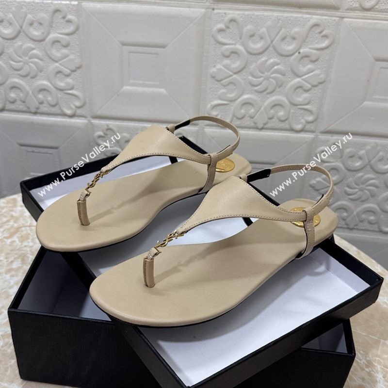 Saint Laurent Cassandra Flat Thong Sandals in Calfskin Beige 2025 841570 (MD-250825129)