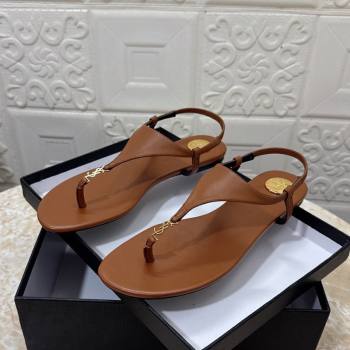 Saint Laurent Cassandra Flat Thong Sandals in Calfskin Brown 2025 841570 (MD-250825130)