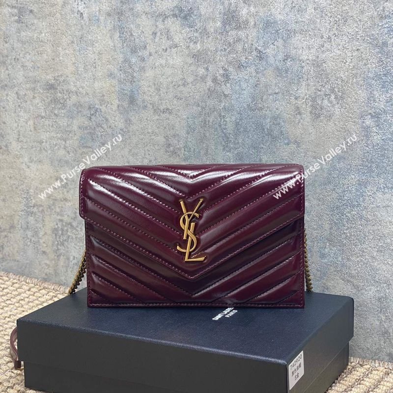 Saint Laurent Cassandre Envelope Chain Wallet in Matelasse Patent Leather 742920 Wine Red 2025 (YY-250924097)