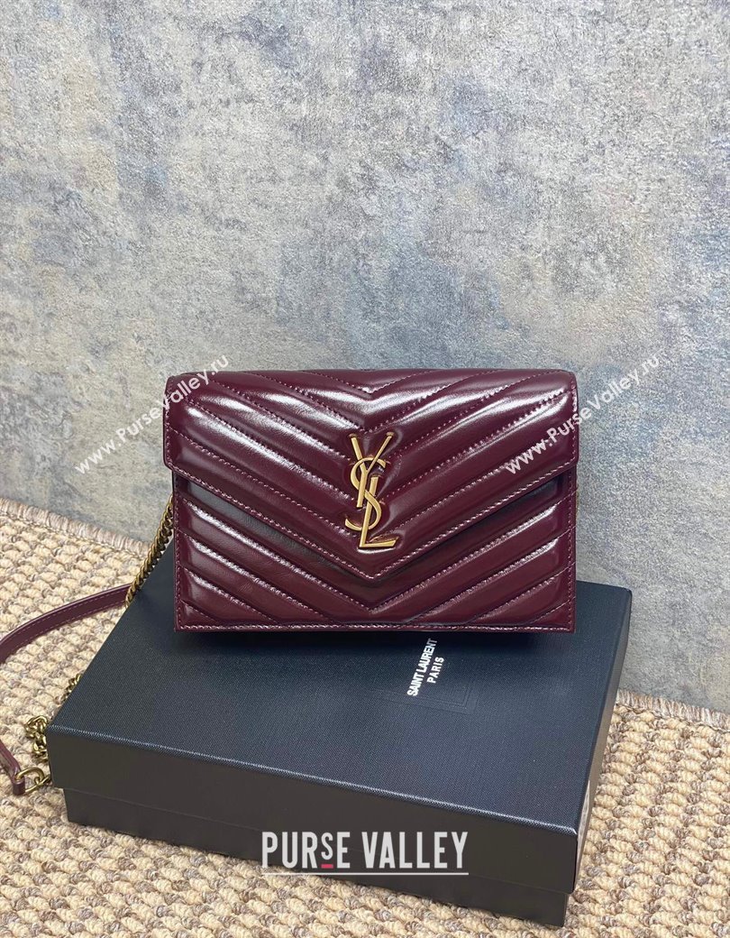 Saint Laurent Cassandre Envelope Chain Wallet in Matelasse Patent Leather 742920 Wine Red 2025 (YY-250924097)