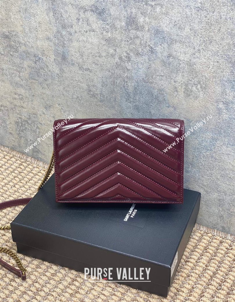 Saint Laurent Cassandre Envelope Chain Wallet in Matelasse Patent Leather 742920 Wine Red 2025 (YY-250924097)