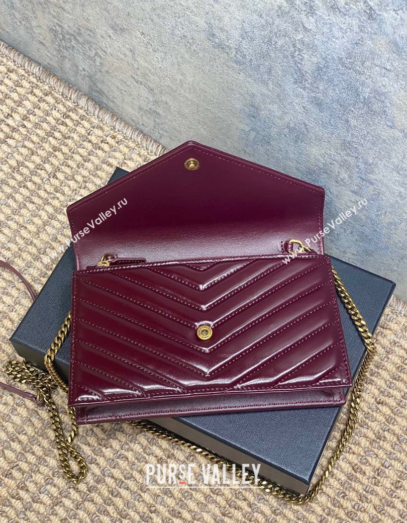 Saint Laurent Cassandre Envelope Chain Wallet in Matelasse Patent Leather 742920 Wine Red 2025 (YY-250924097)
