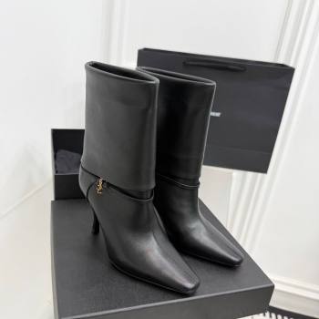 Saint Laurent Niki Heel Ankle Boots 10cm with YSL Strap in Calf Leather Black 2025 1028 (KER-251028116)
