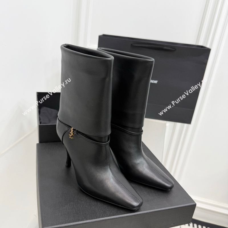 Saint Laurent Niki Heel Ankle Boots 10cm with YSL Strap in Calf Leather Black 2025 1028 (KER-251028116)