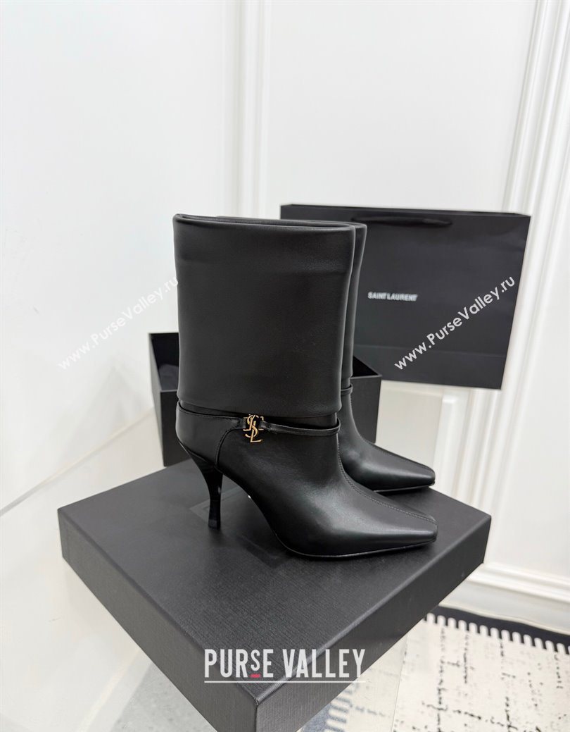 Saint Laurent Niki Heel Ankle Boots 10cm with YSL Strap in Calf Leather Black 2025 1028 (KER-251028116)