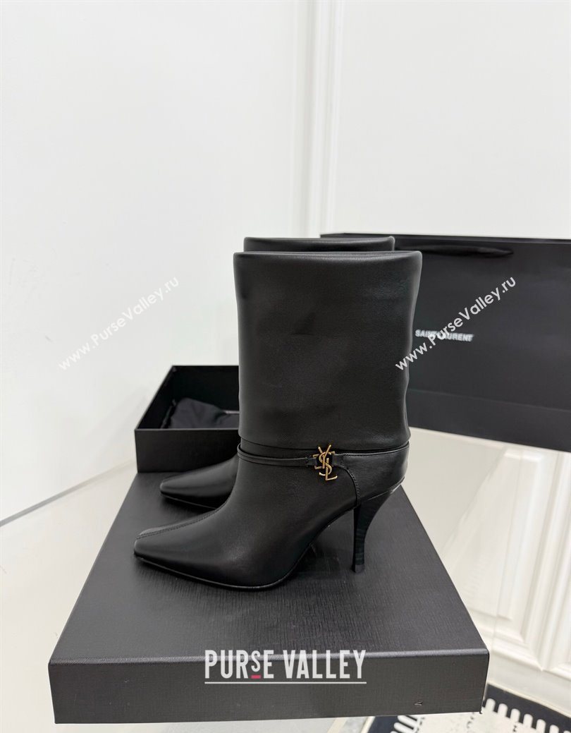 Saint Laurent Niki Heel Ankle Boots 10cm with YSL Strap in Calf Leather Black 2025 1028 (KER-251028116)