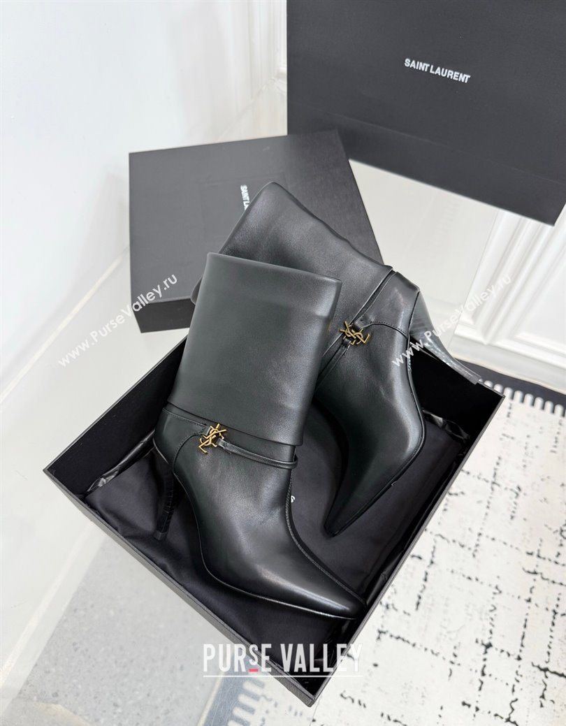Saint Laurent Niki Heel Ankle Boots 10cm with YSL Strap in Calf Leather Black 2025 1028 (KER-251028116)