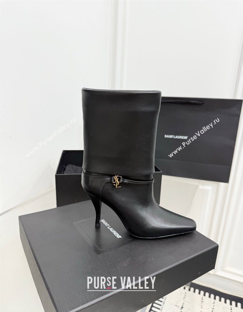 Saint Laurent Niki Heel Ankle Boots 10cm with YSL Strap in Calf Leather Black 2025 1028 (KER-251028116)