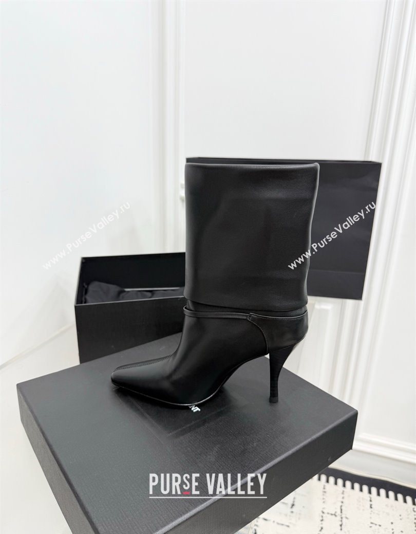 Saint Laurent Niki Heel Ankle Boots 10cm with YSL Strap in Calf Leather Black 2025 1028 (KER-251028116)