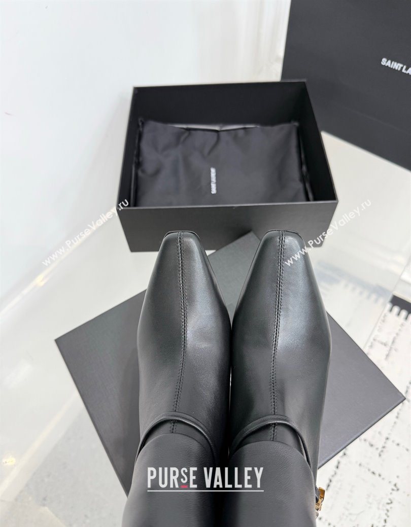 Saint Laurent Niki Heel Ankle Boots 10cm with YSL Strap in Calf Leather Black 2025 1028 (KER-251028116)