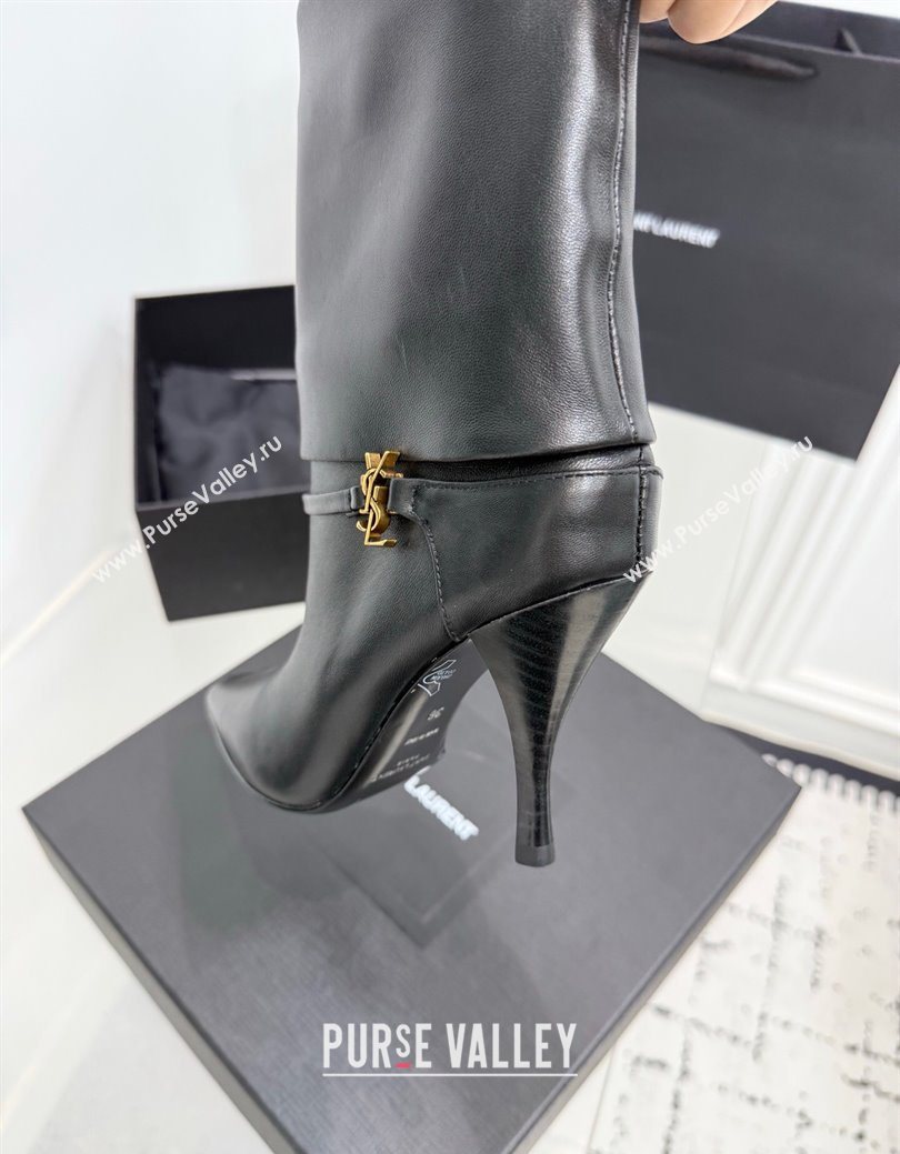 Saint Laurent Niki Heel Ankle Boots 10cm with YSL Strap in Calf Leather Black 2025 1028 (KER-251028116)