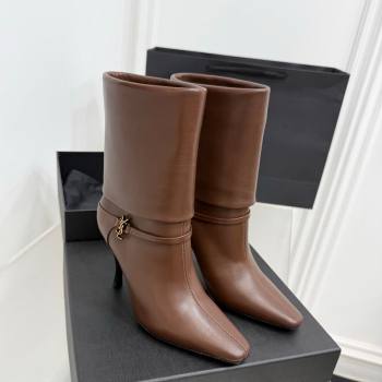 Saint Laurent Niki Heel Ankle Boots 10cm with YSL Strap in Calf Leather Brown 2025 1028 (KER-251028117)