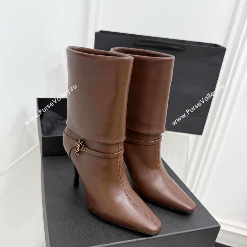Saint Laurent Niki Heel Ankle Boots 10cm with YSL Strap in Calf Leather Brown 2025 1028 (KER-251028117)