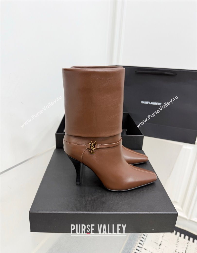 Saint Laurent Niki Heel Ankle Boots 10cm with YSL Strap in Calf Leather Brown 2025 1028 (KER-251028117)