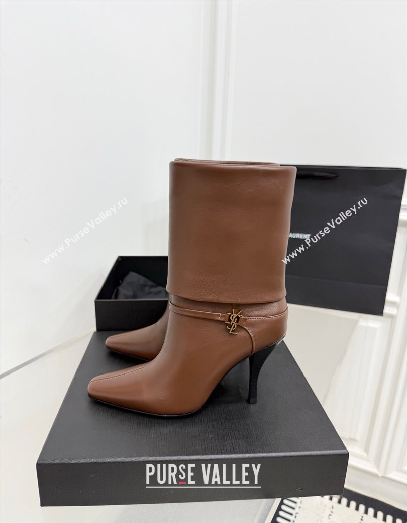 Saint Laurent Niki Heel Ankle Boots 10cm with YSL Strap in Calf Leather Brown 2025 1028 (KER-251028117)