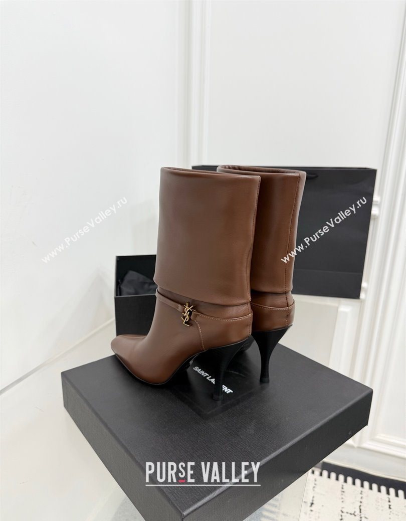 Saint Laurent Niki Heel Ankle Boots 10cm with YSL Strap in Calf Leather Brown 2025 1028 (KER-251028117)