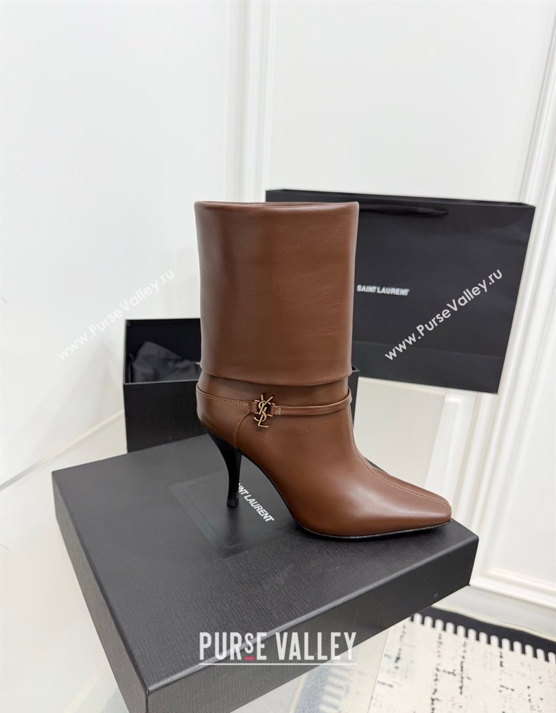 Saint Laurent Niki Heel Ankle Boots 10cm with YSL Strap in Calf Leather Brown 2025 1028 (KER-251028117)