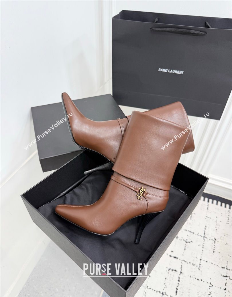 Saint Laurent Niki Heel Ankle Boots 10cm with YSL Strap in Calf Leather Brown 2025 1028 (KER-251028117)