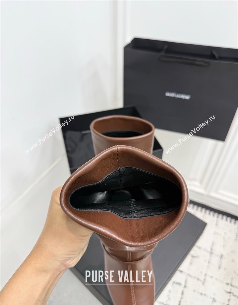 Saint Laurent Niki Heel Ankle Boots 10cm with YSL Strap in Calf Leather Brown 2025 1028 (KER-251028117)