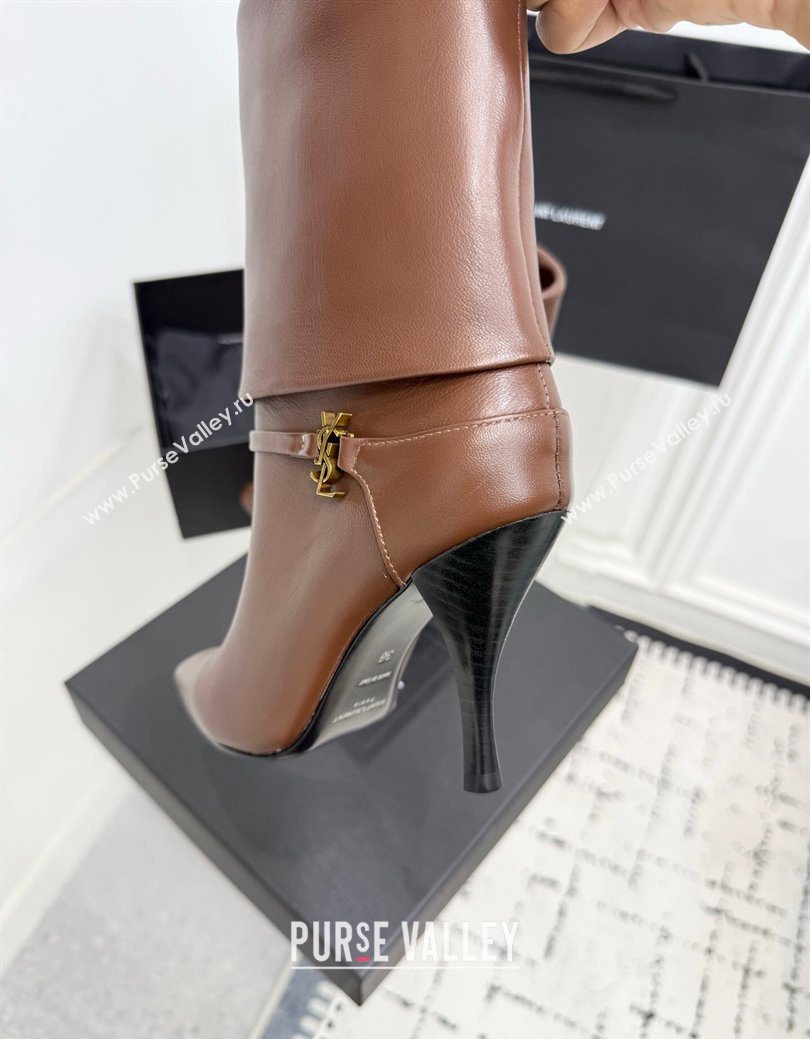 Saint Laurent Niki Heel Ankle Boots 10cm with YSL Strap in Calf Leather Brown 2025 1028 (KER-251028117)