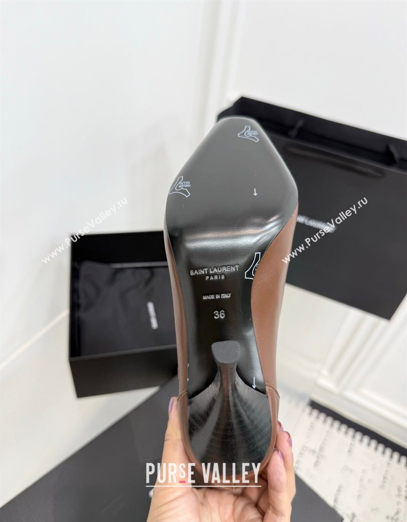 Saint Laurent Niki Heel Ankle Boots 10cm with YSL Strap in Calf Leather Brown 2025 1028 (KER-251028117)