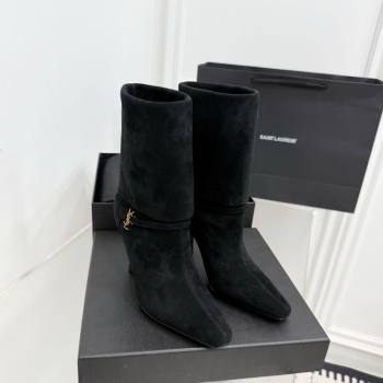 Saint Laurent Niki Heel Ankle Boots 10cm with YSL Strap in Suede Black 2025 1028 (KER-251028118)