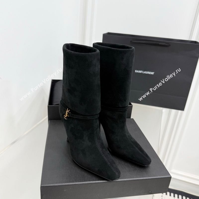 Saint Laurent Niki Heel Ankle Boots 10cm with YSL Strap in Suede Black 2025 1028 (KER-251028118)