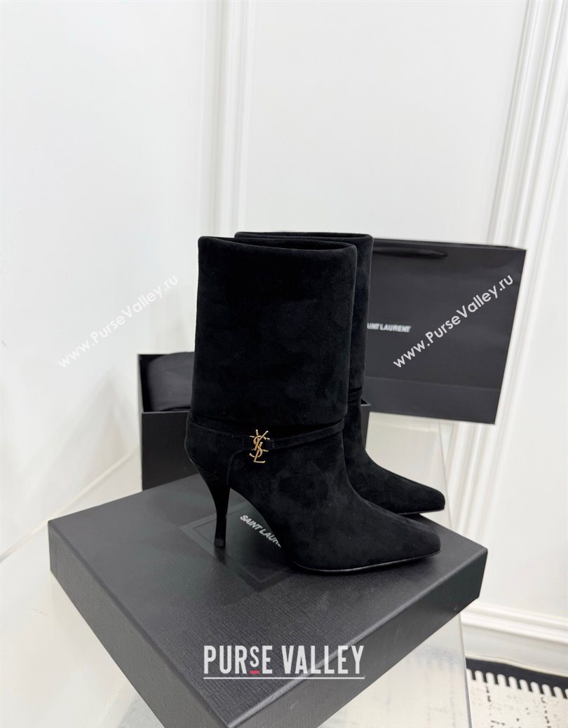 Saint Laurent Niki Heel Ankle Boots 10cm with YSL Strap in Suede Black 2025 1028 (KER-251028118)