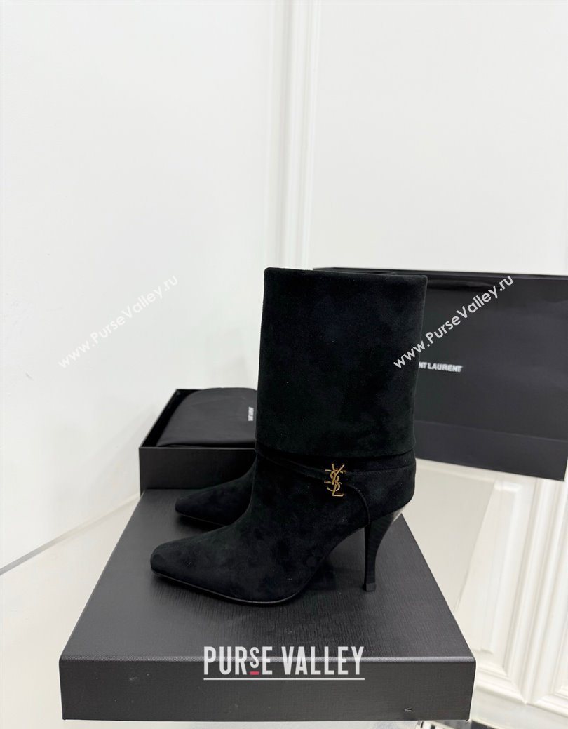 Saint Laurent Niki Heel Ankle Boots 10cm with YSL Strap in Suede Black 2025 1028 (KER-251028118)