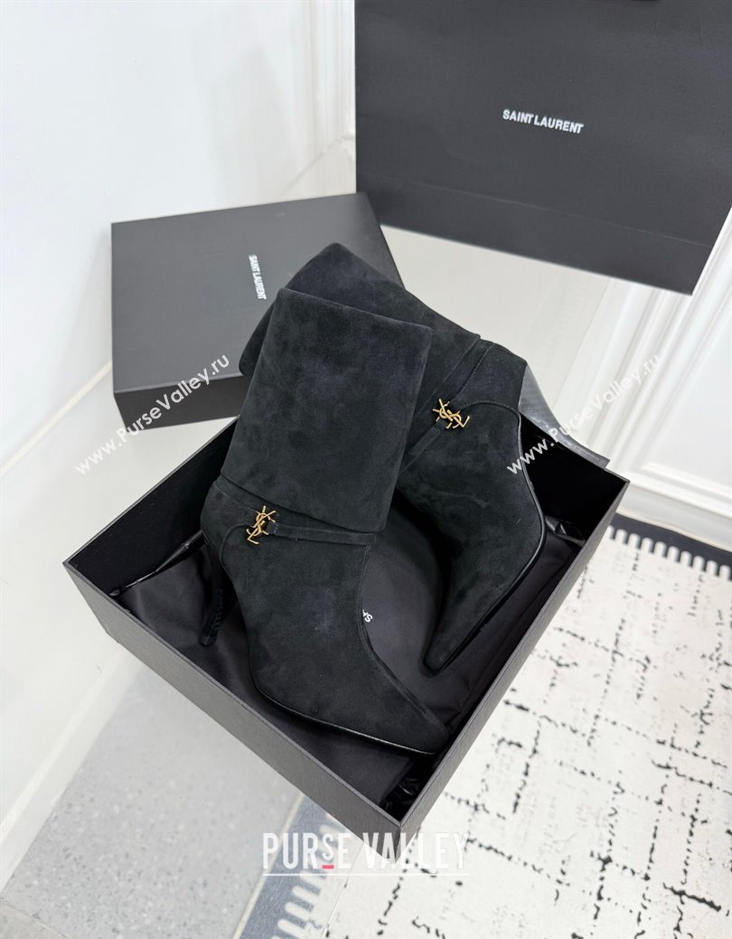 Saint Laurent Niki Heel Ankle Boots 10cm with YSL Strap in Suede Black 2025 1028 (KER-251028118)