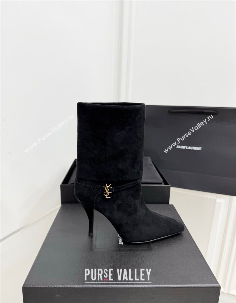 Saint Laurent Niki Heel Ankle Boots 10cm with YSL Strap in Suede Black 2025 1028 (KER-251028118)