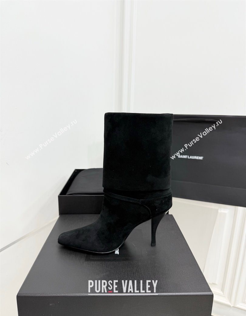 Saint Laurent Niki Heel Ankle Boots 10cm with YSL Strap in Suede Black 2025 1028 (KER-251028118)