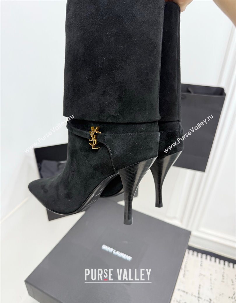 Saint Laurent Niki Heel Ankle Boots 10cm with YSL Strap in Suede Black 2025 1028 (KER-251028118)