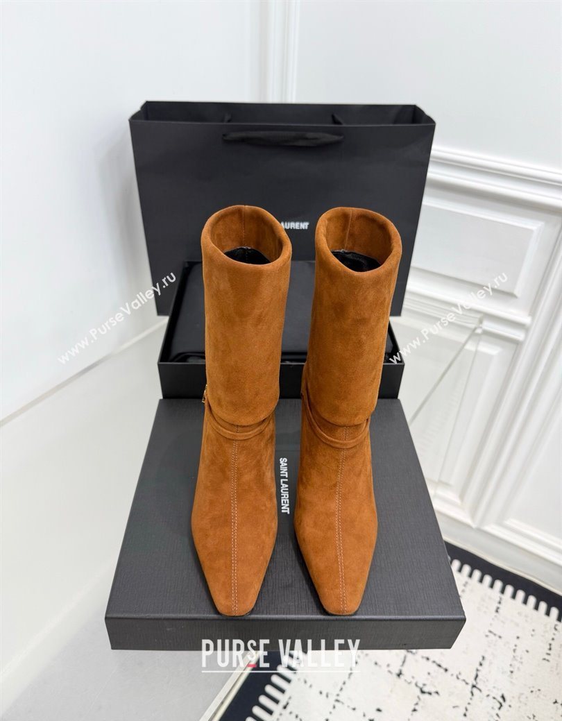 Saint Laurent Niki Heel Ankle Boots 10cm with YSL Strap in Calf Leather Brown 2025 1028 (KER-251028119)