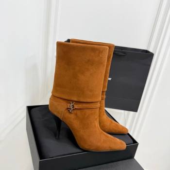 Saint Laurent Niki Heel Ankle Boots 10cm with YSL Strap in Calf Leather Brown 2025 1028 (KER-251028119)