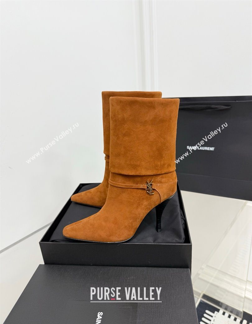 Saint Laurent Niki Heel Ankle Boots 10cm with YSL Strap in Calf Leather Brown 2025 1028 (KER-251028119)