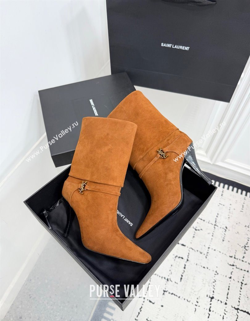 Saint Laurent Niki Heel Ankle Boots 10cm with YSL Strap in Calf Leather Brown 2025 1028 (KER-251028119)