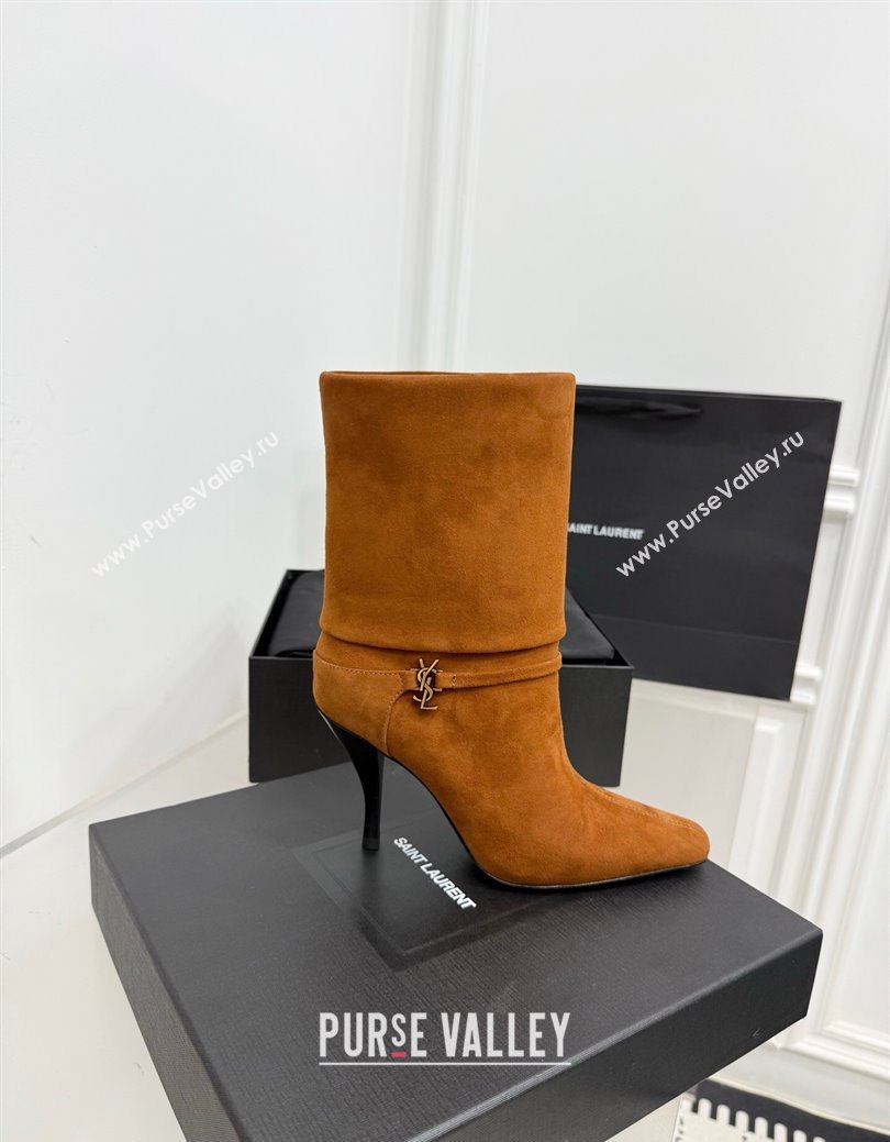 Saint Laurent Niki Heel Ankle Boots 10cm with YSL Strap in Calf Leather Brown 2025 1028 (KER-251028119)