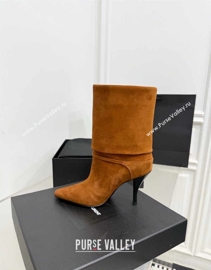 Saint Laurent Niki Heel Ankle Boots 10cm with YSL Strap in Calf Leather Brown 2025 1028 (KER-251028119)