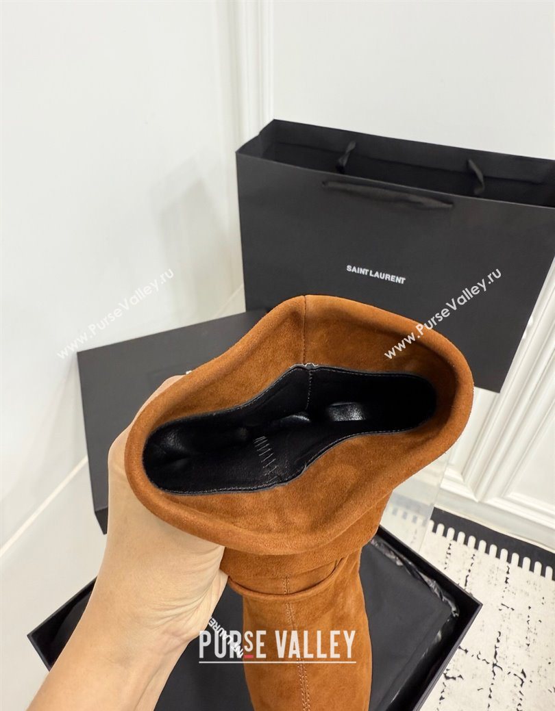 Saint Laurent Niki Heel Ankle Boots 10cm with YSL Strap in Calf Leather Brown 2025 1028 (KER-251028119)