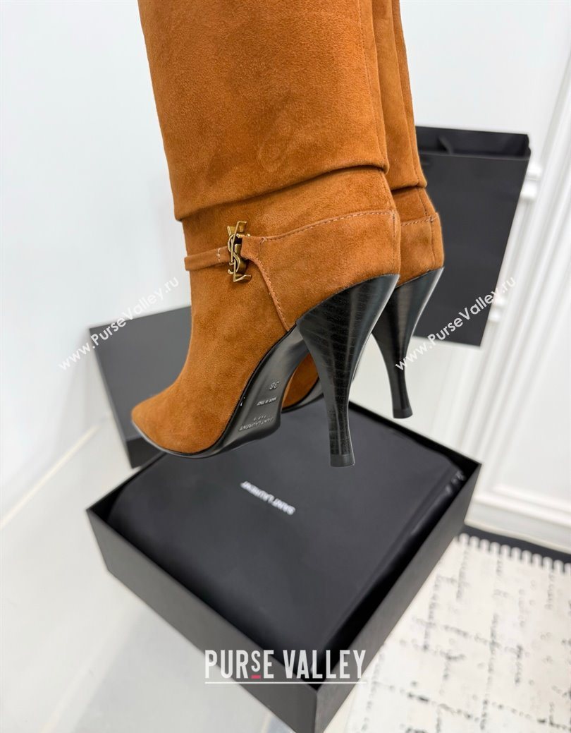 Saint Laurent Niki Heel Ankle Boots 10cm with YSL Strap in Calf Leather Brown 2025 1028 (KER-251028119)