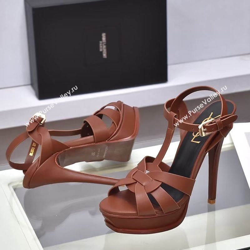 Saint Laurent Tribute Platform Sandals 14cm in Calf Leather Dark Brown 2025 (GDX-251028143)