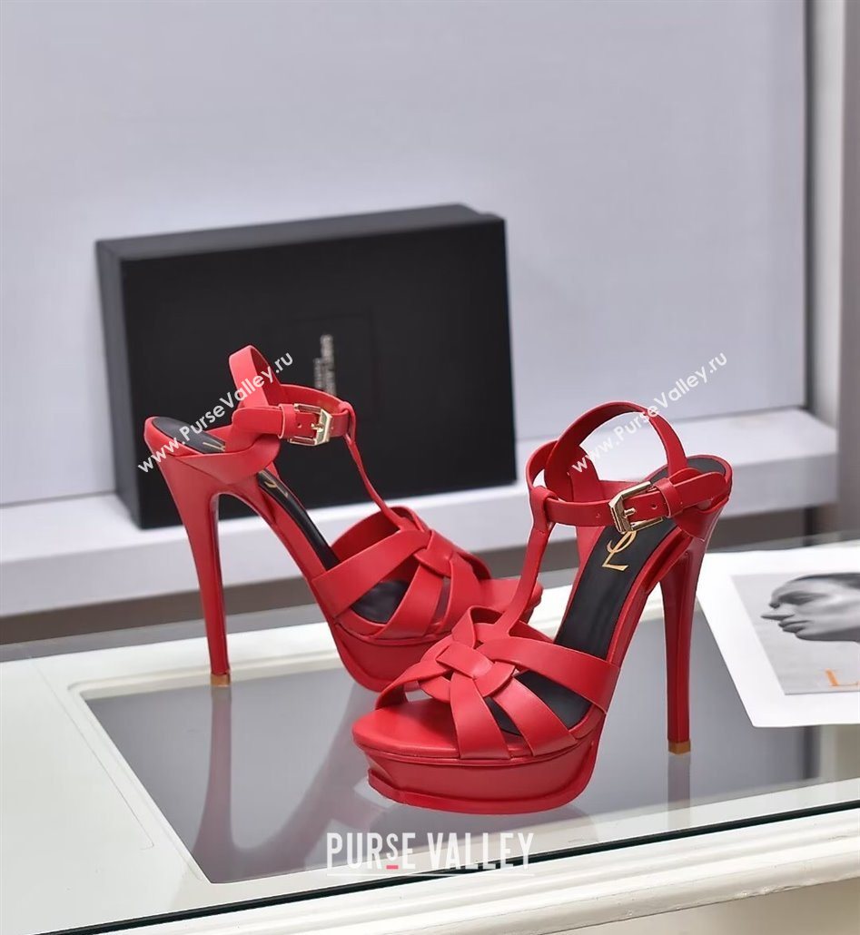 Saint Laurent Tribute Platform Sandals 14cm in Calf Leather Red 2025 (GDX-251028142)